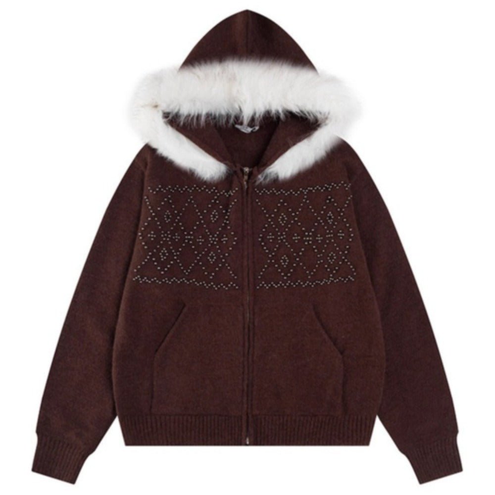 Retro Fur Collar Beaded Knit Zip Jacket - Thrashink