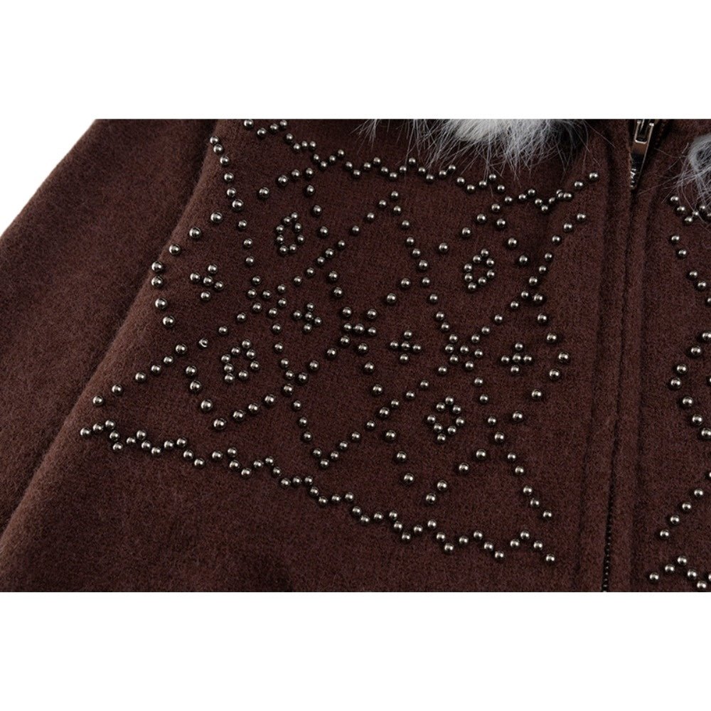 Retro Fur Collar Beaded Knit Zip Jacket - Thrashink