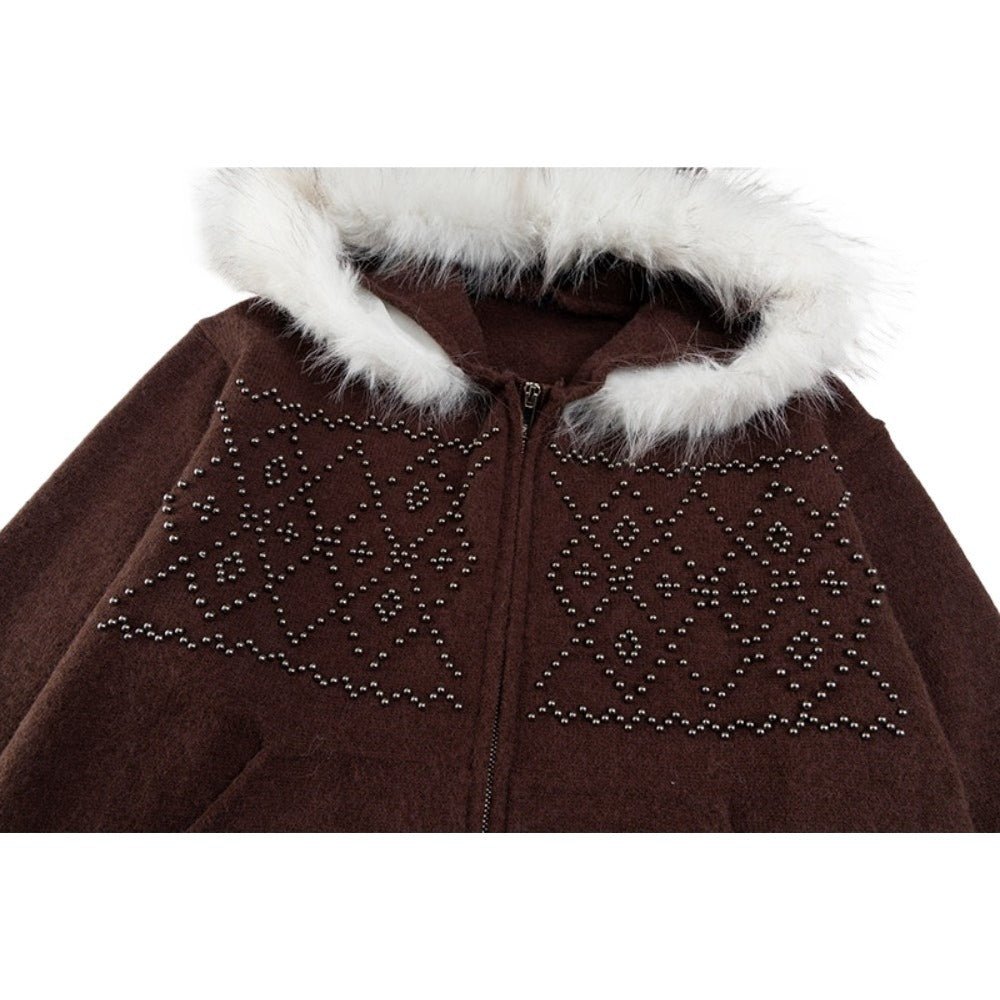 Retro Fur Collar Beaded Knit Zip Jacket - Thrashink