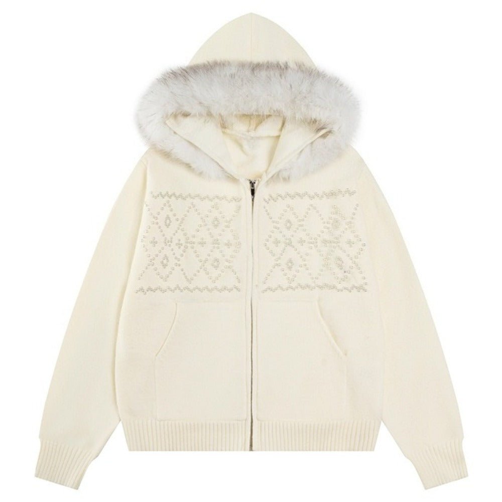 Retro Fur Collar Beaded Knit Zip Jacket - Thrashink