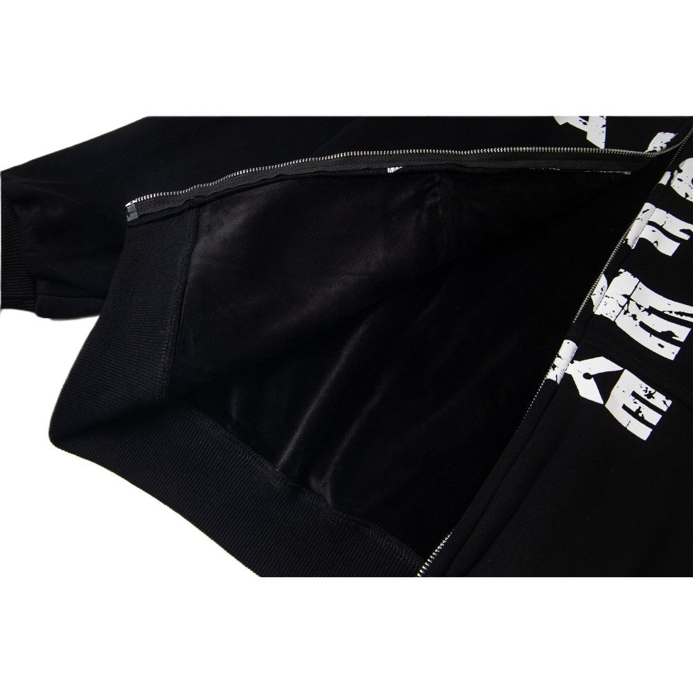 Retro Letter Print Fleece - lined Zip - up Hoodie - Thrashink