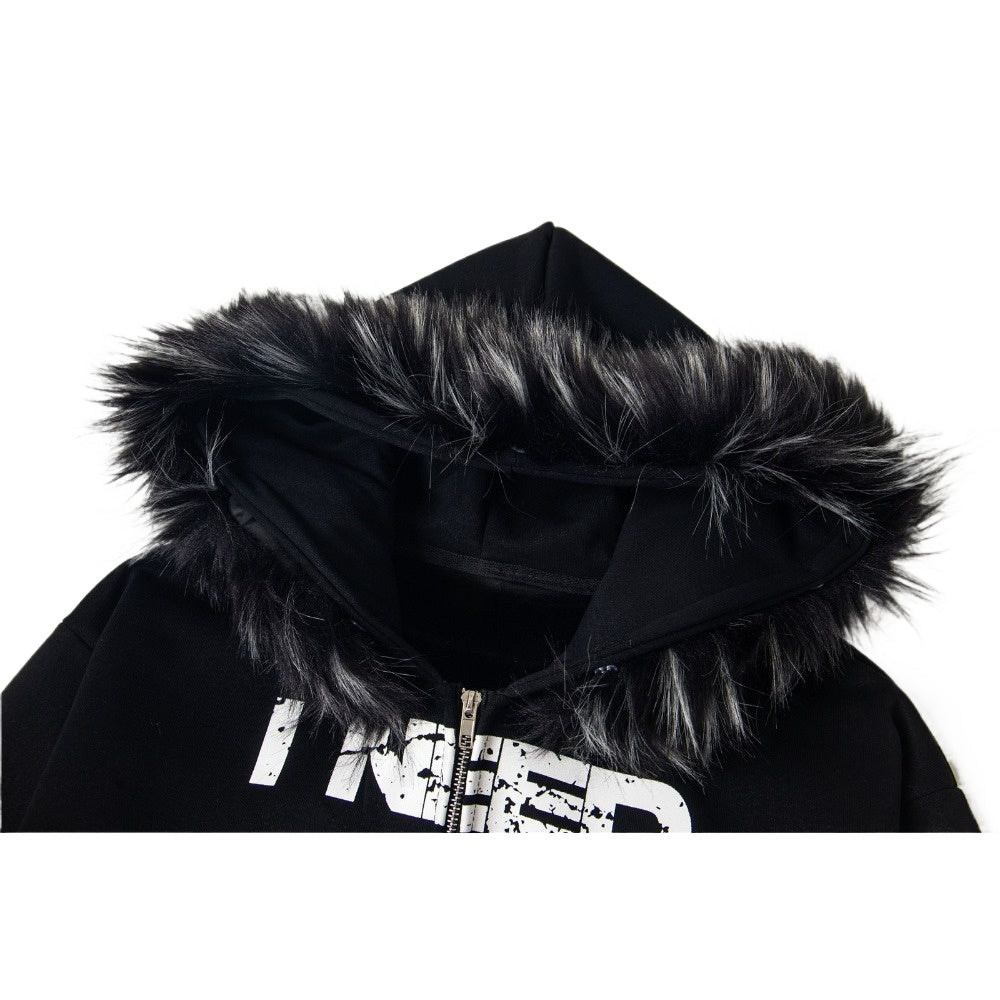 Retro Letter Print Fleece - lined Zip - up Hoodie - Thrashink