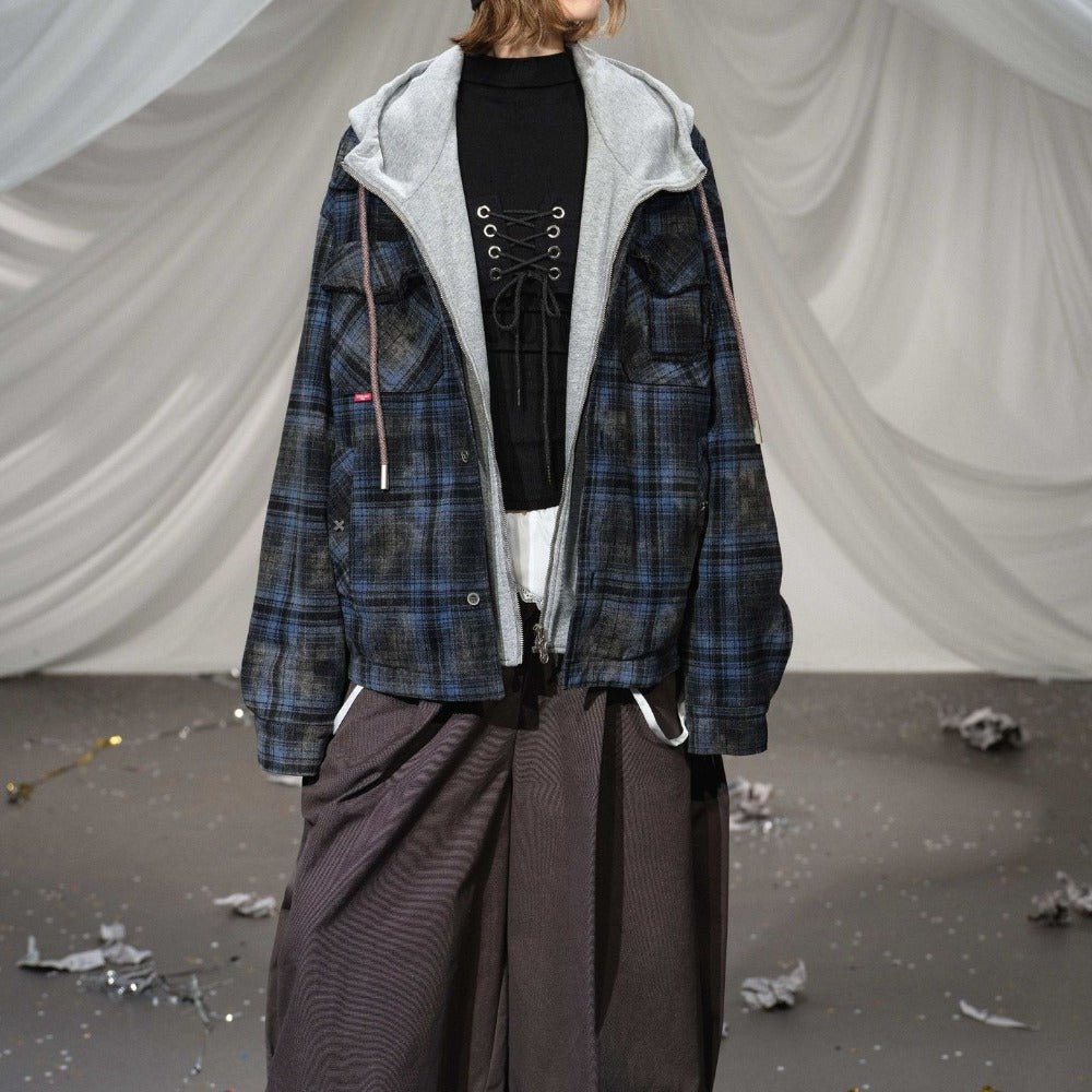 Retro Plaid Fake Two - piece Hooded Cotton Jacket - Thrashink