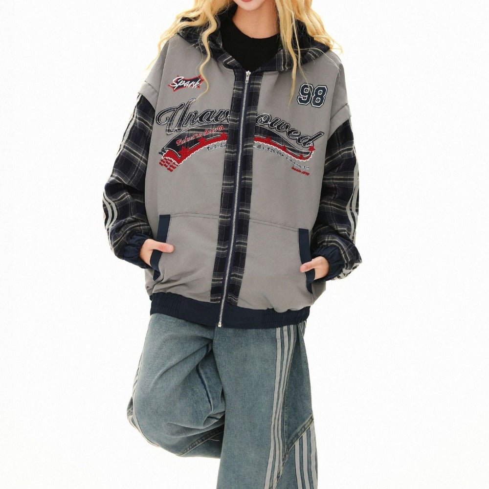 Retro Plaid Spliced Zip - Up Hoodie - Thrashink