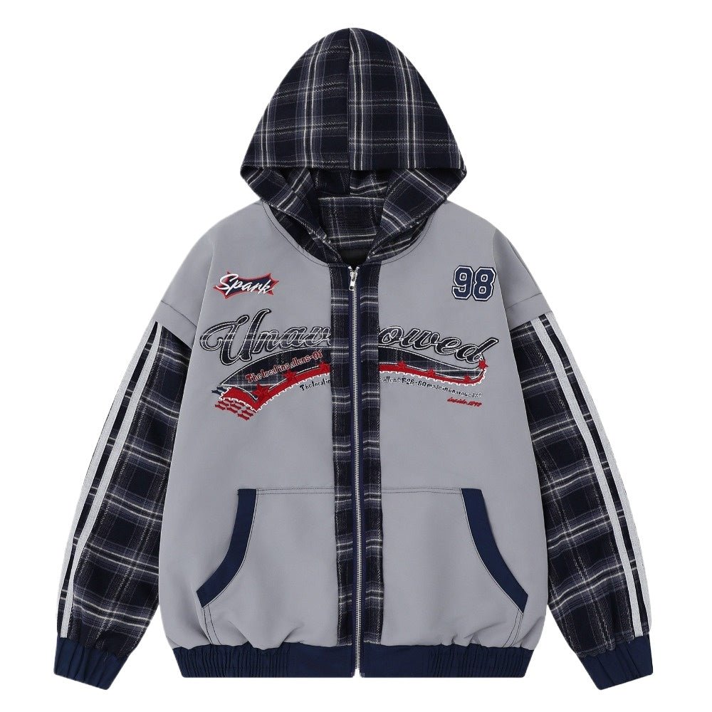 Retro Plaid Spliced Zip - Up Hoodie - Thrashink