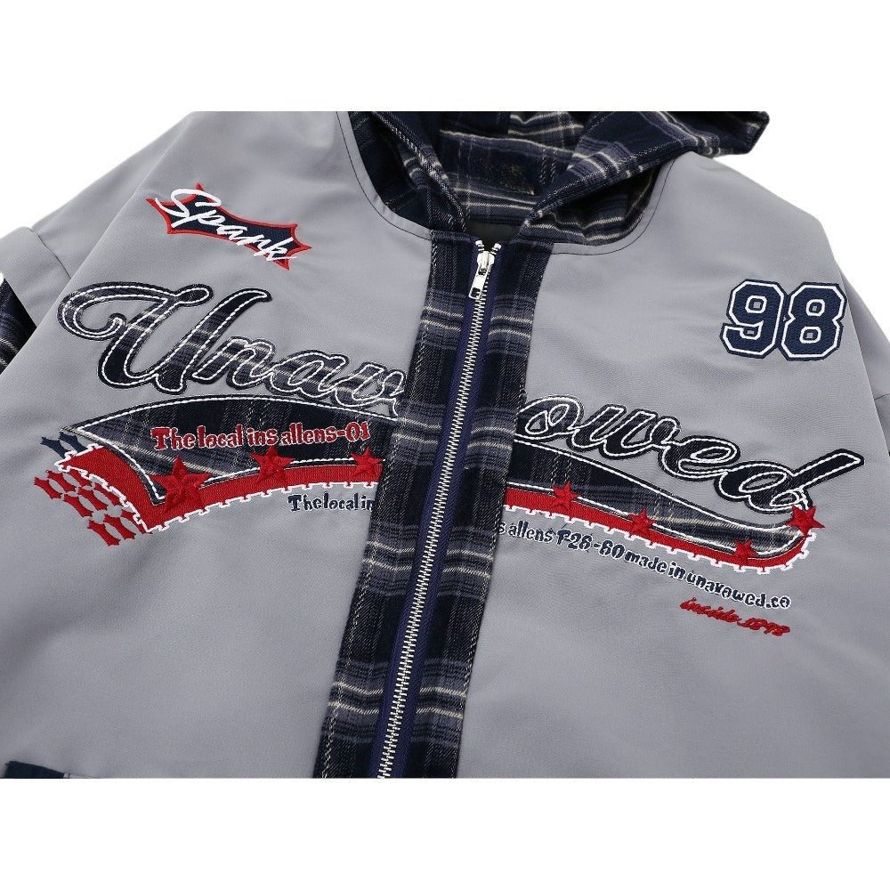 Retro Plaid Spliced Zip - Up Hoodie - Thrashink