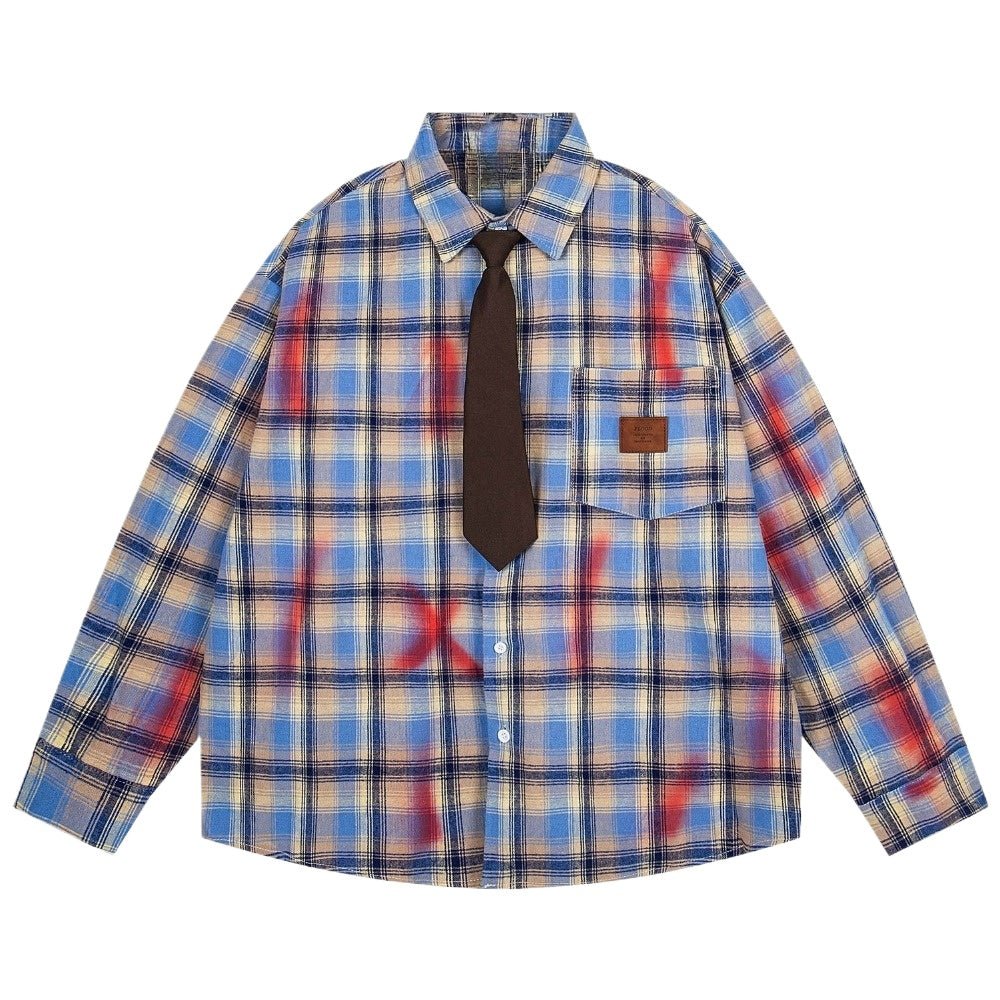 Retro Plaid Tie - dye Graffiti Long - sleeved Shirt - Thrashink