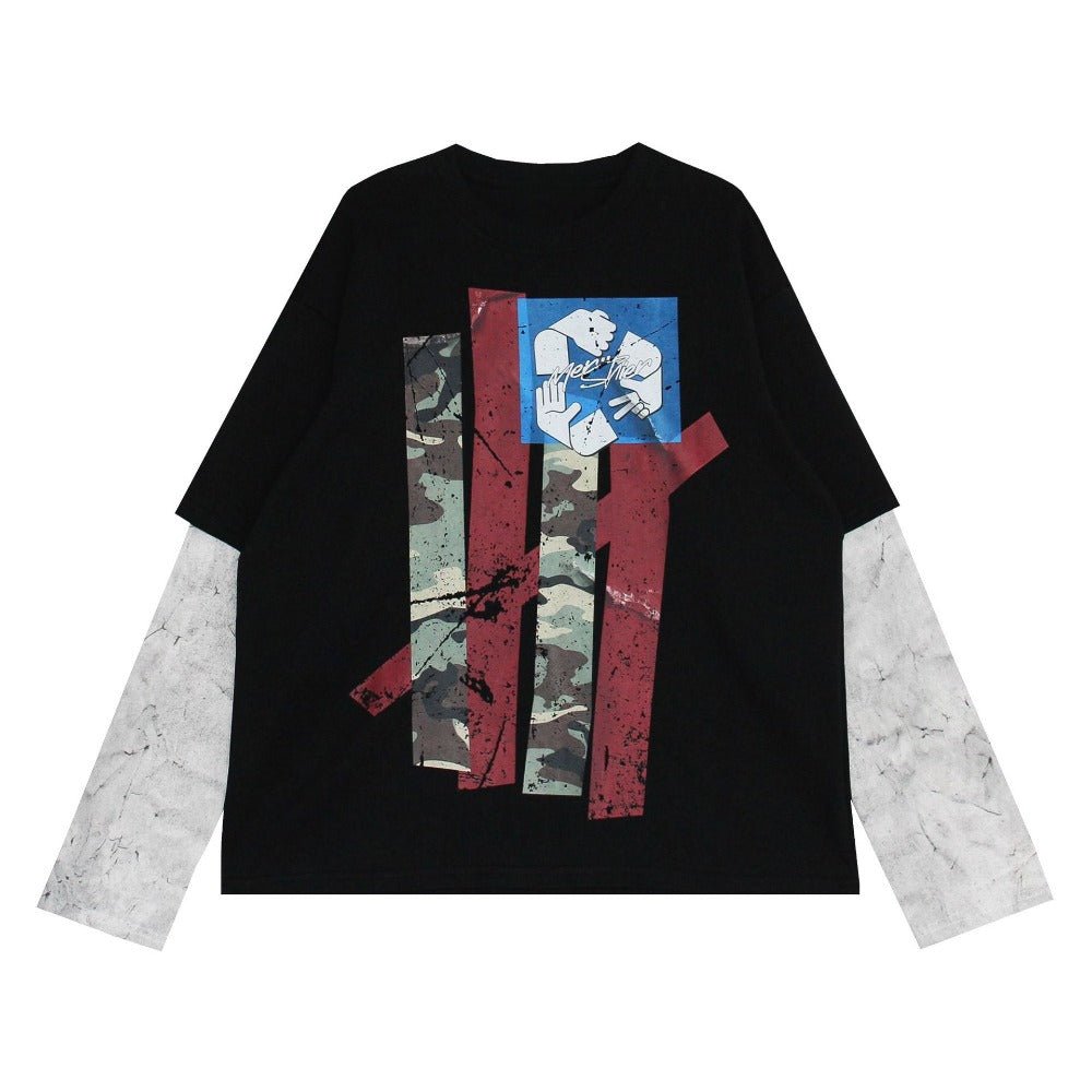 Retro Print Fake Two Piece T-Shirt - Thrashink