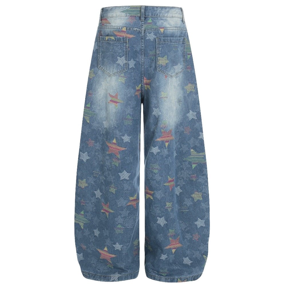 Retro Star Patterned Baggy Jeans - Thrashink