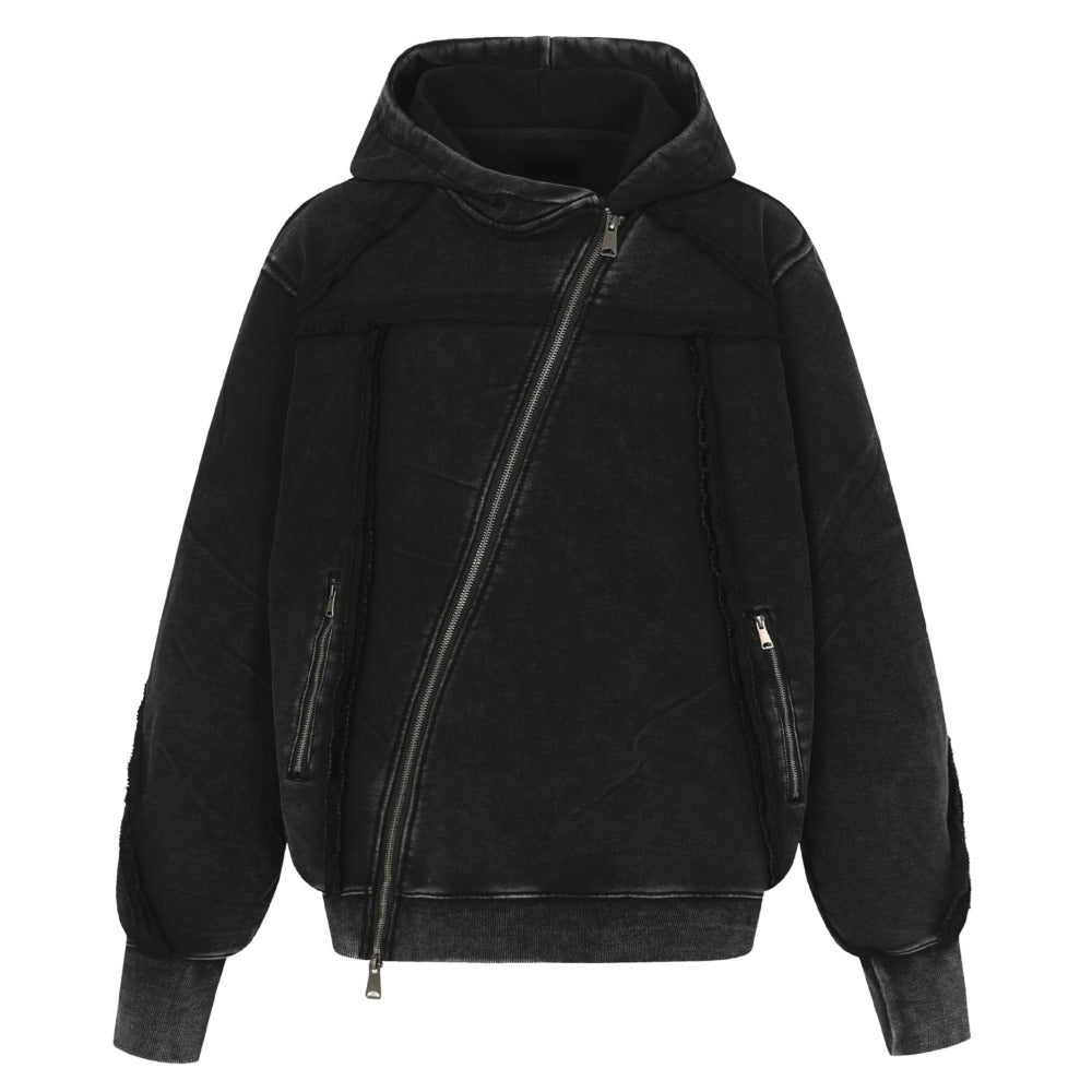Retro Washed Water Slanted Zipper Hoodie - Thrashink