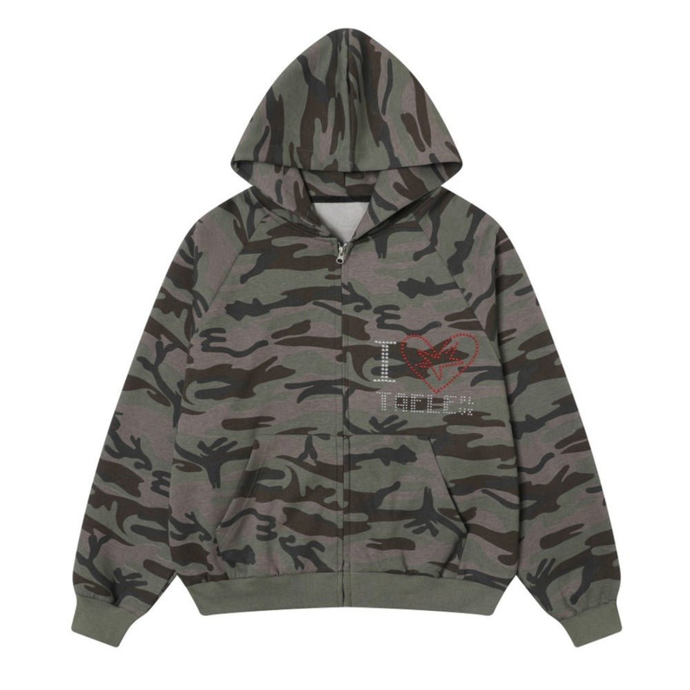 Rhinestone Camouflage Hooded Hoodie - Thrashink