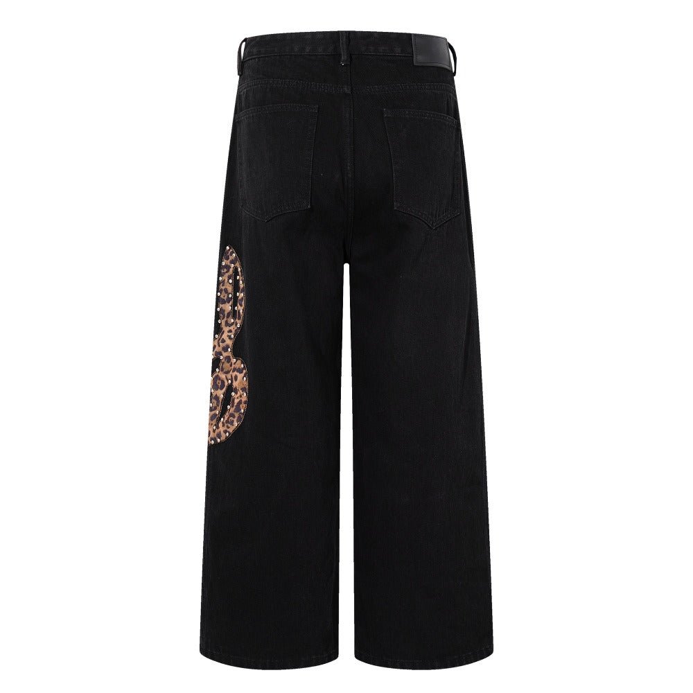 Rhinestone Leopard Music Note Print Jeans - Thrashink