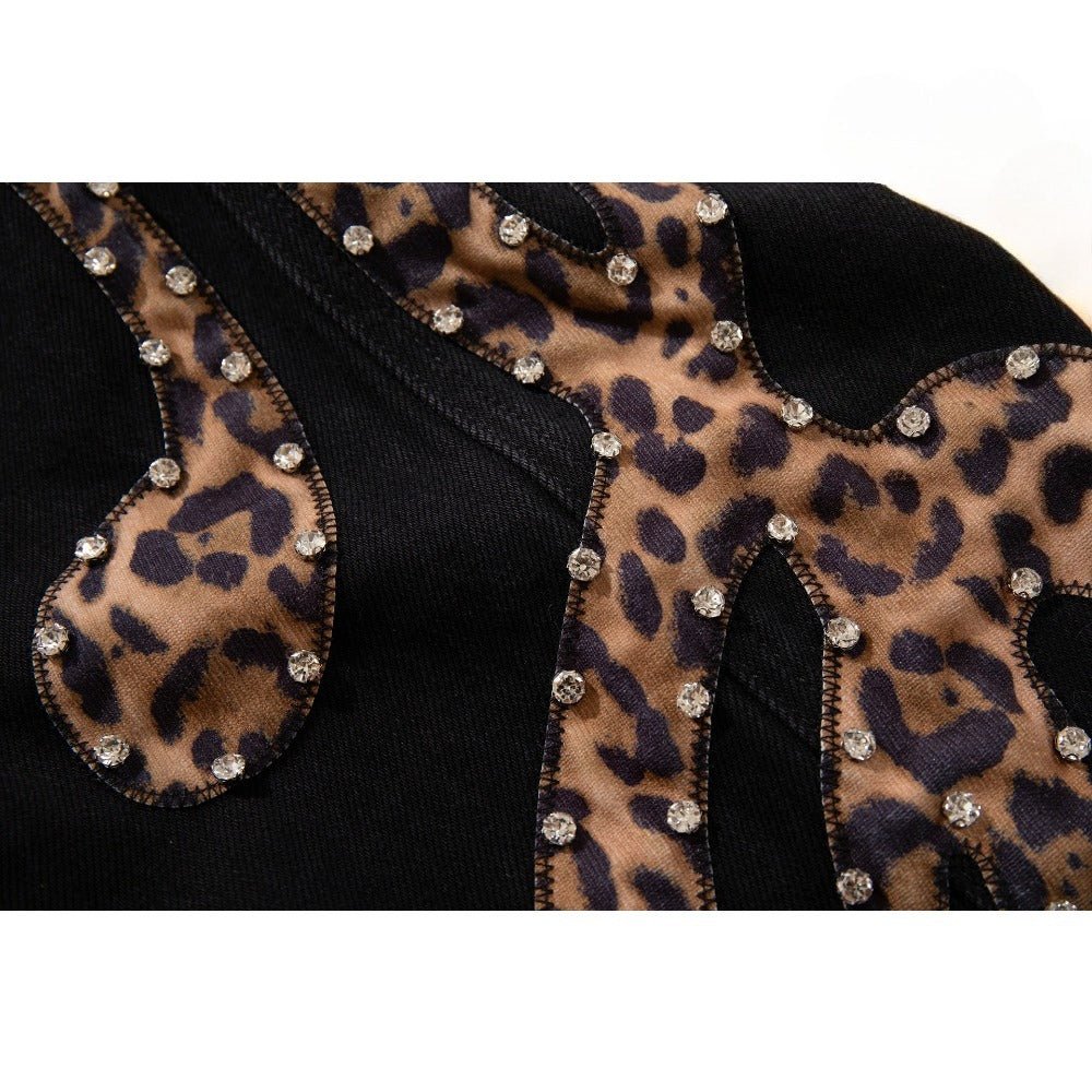 Rhinestone Leopard Music Note Print Jeans - Thrashink