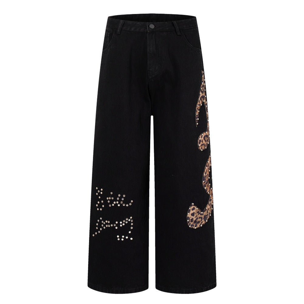 Rhinestone Leopard Music Note Print Jeans - Thrashink
