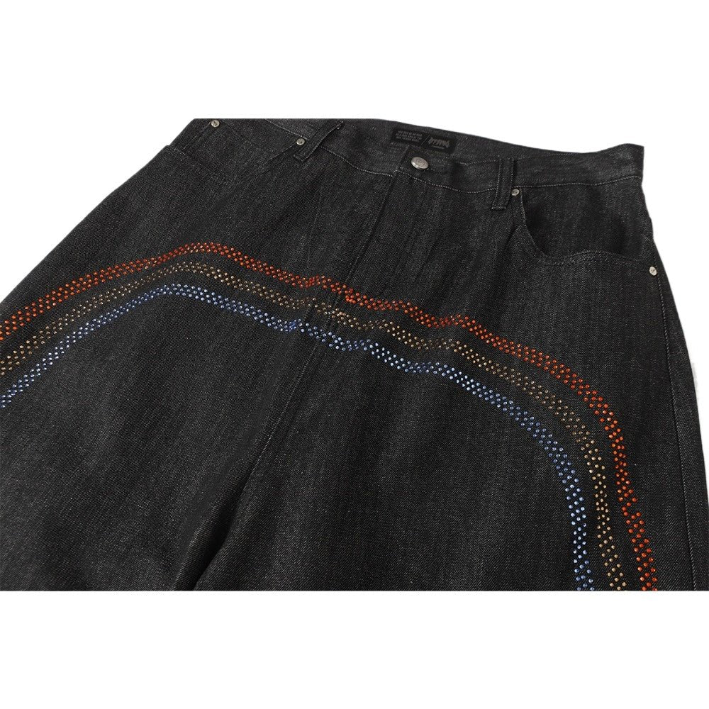 Rhinestone Rainbow Curved Wide - Leg Jeans - Thrashink