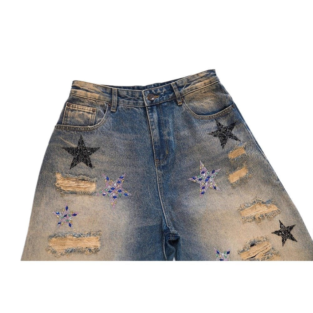 Rhinestone Star Distressed Wide - Leg Jeans - Thrashink