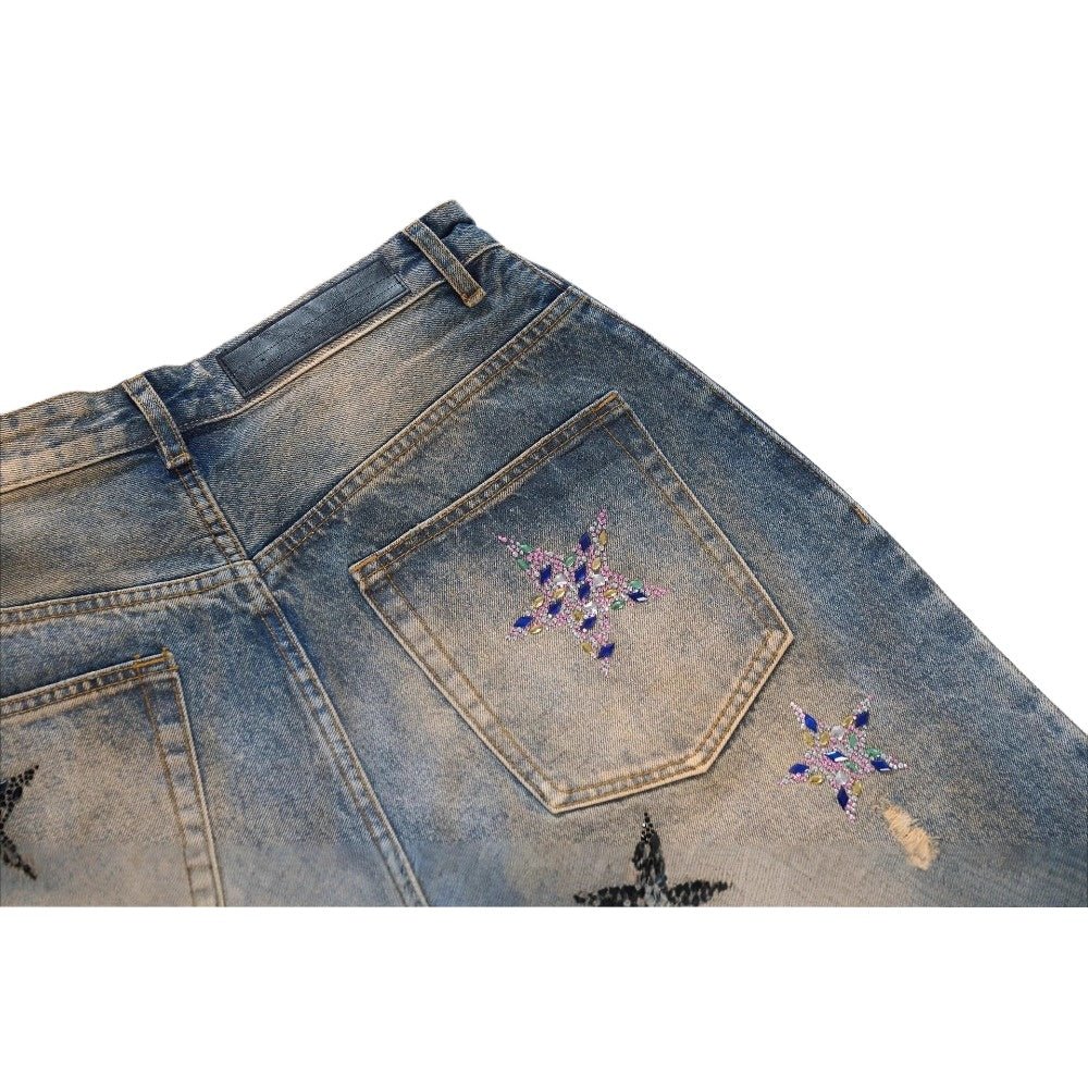 Rhinestone Star Distressed Wide - Leg Jeans - Thrashink