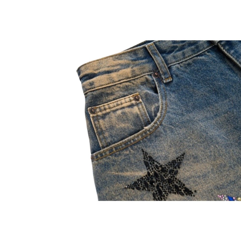 Rhinestone Star Distressed Wide - Leg Jeans - Thrashink