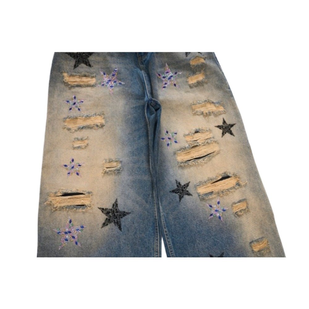 Rhinestone Star Distressed Wide - Leg Jeans - Thrashink