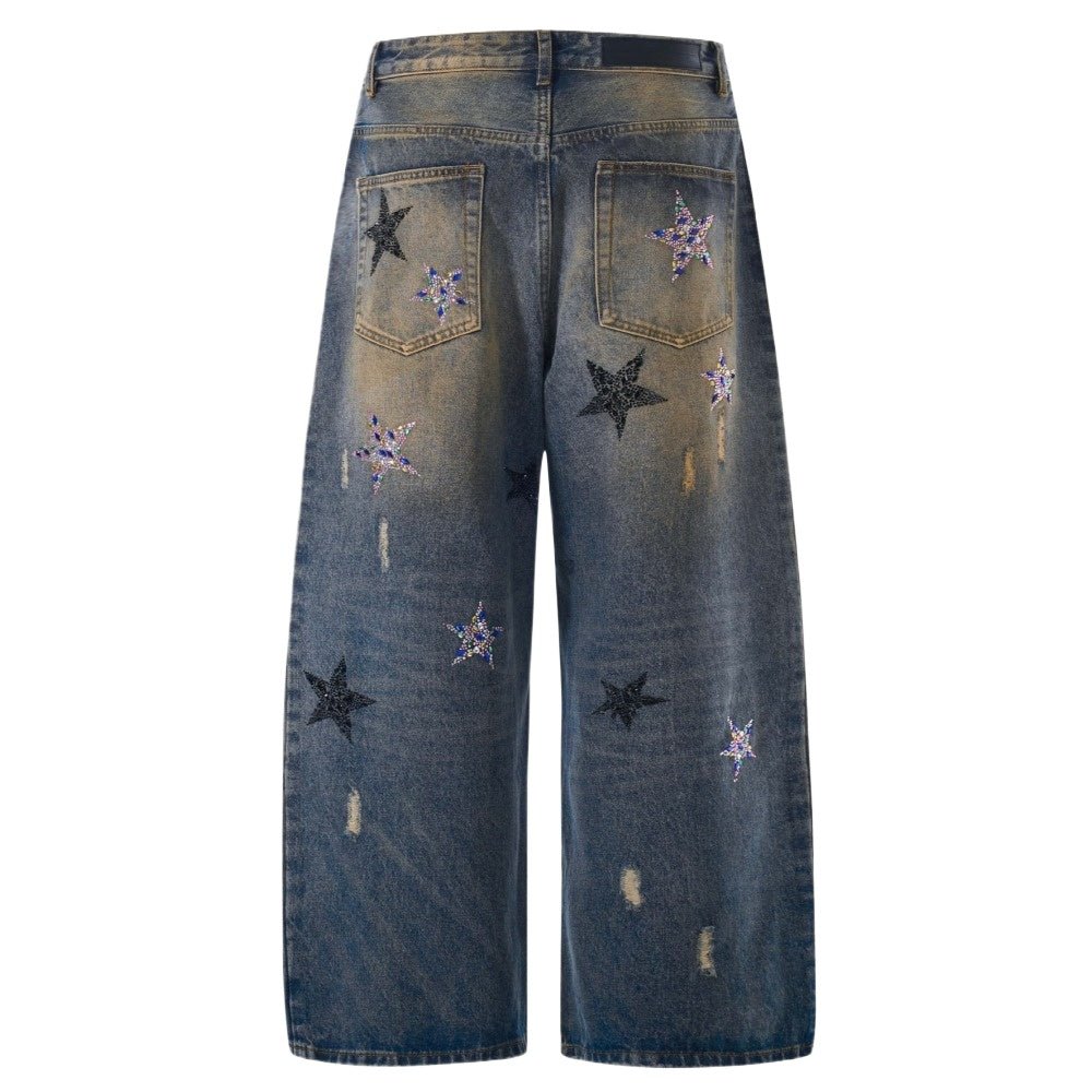 Rhinestone Star Distressed Wide - Leg Jeans - Thrashink