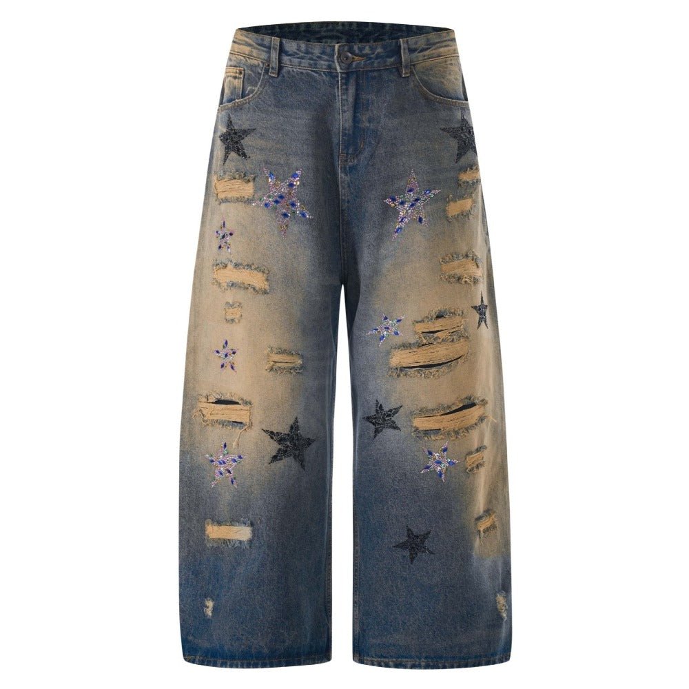 Rhinestone Star Distressed Wide - Leg Jeans - Thrashink