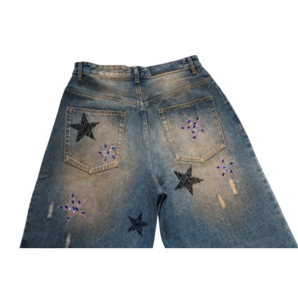 Rhinestone Star Distressed Wide - Leg Jeans - Thrashink