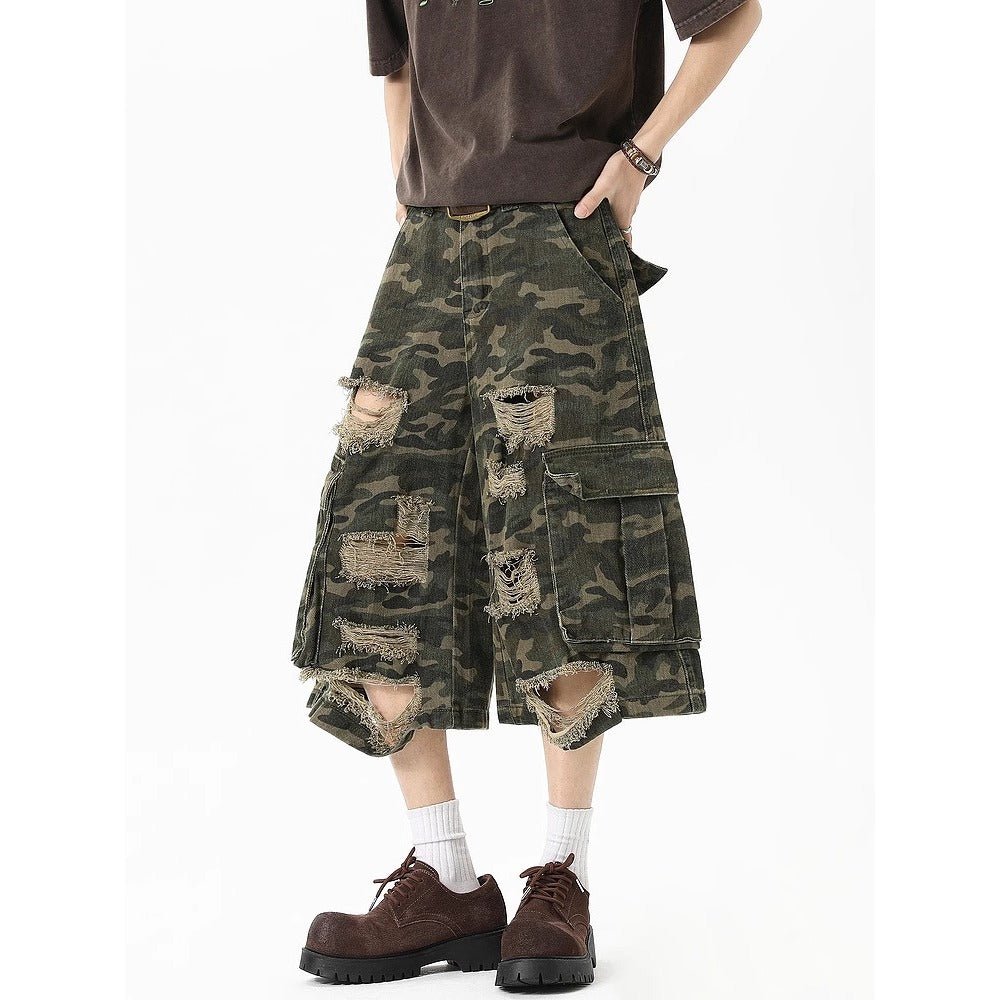 Ripped Camouflage Cargo Shorts - Thrashink