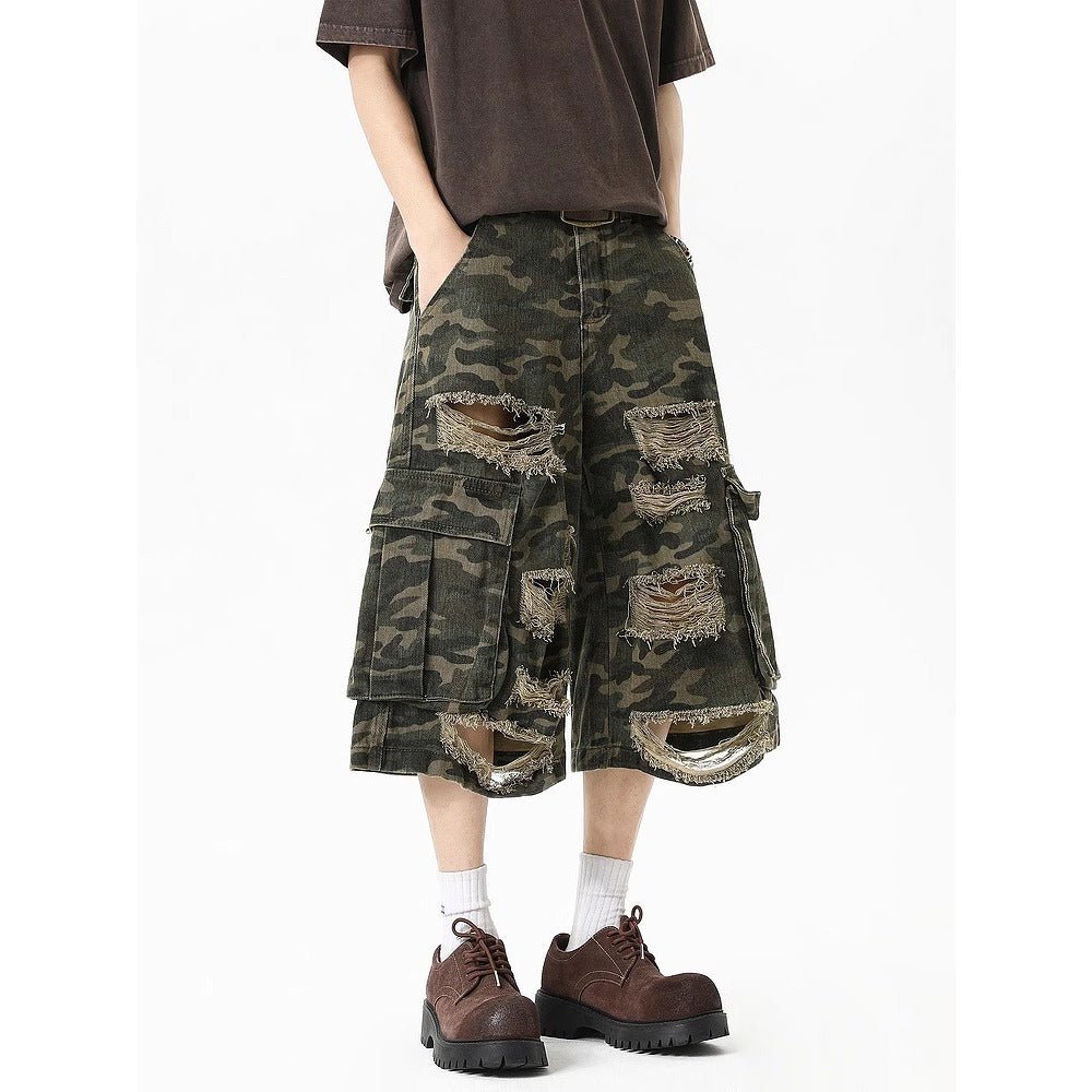 Ripped Camouflage Cargo Shorts - Thrashink