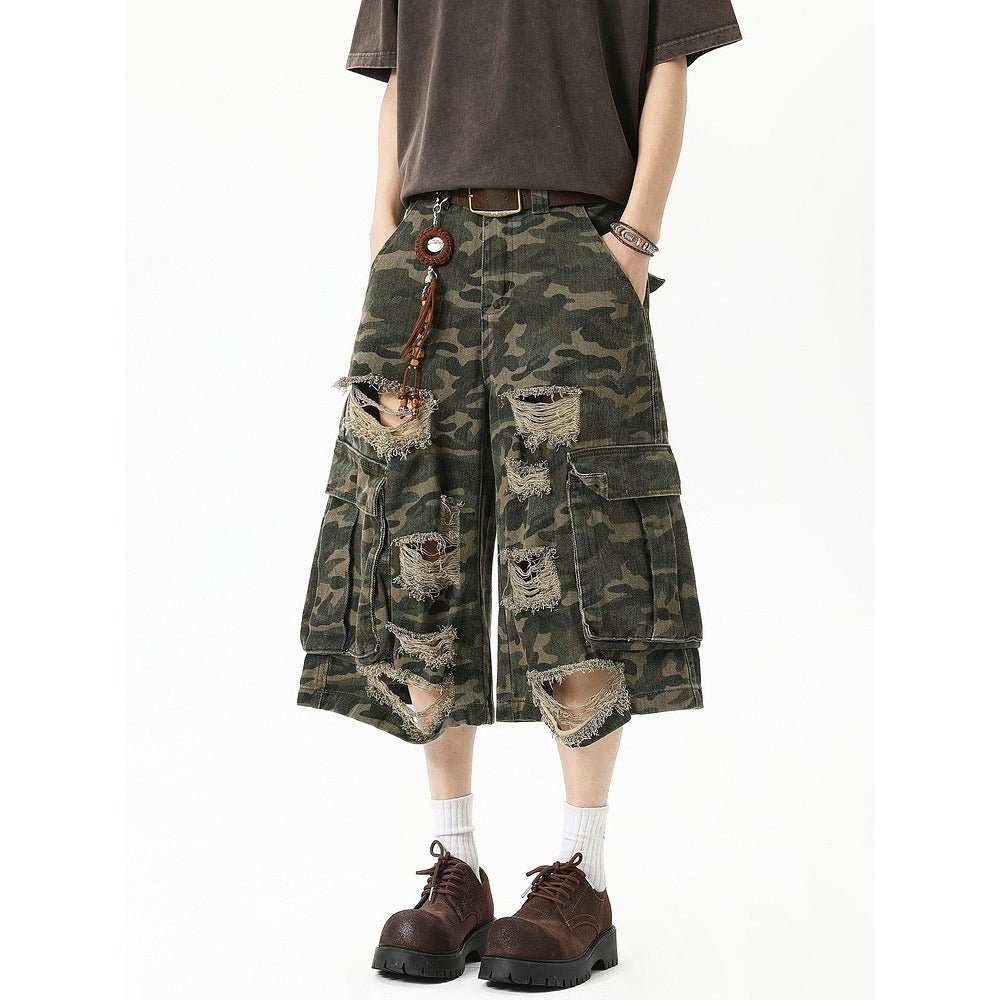 Ripped Camouflage Cargo Shorts - Thrashink