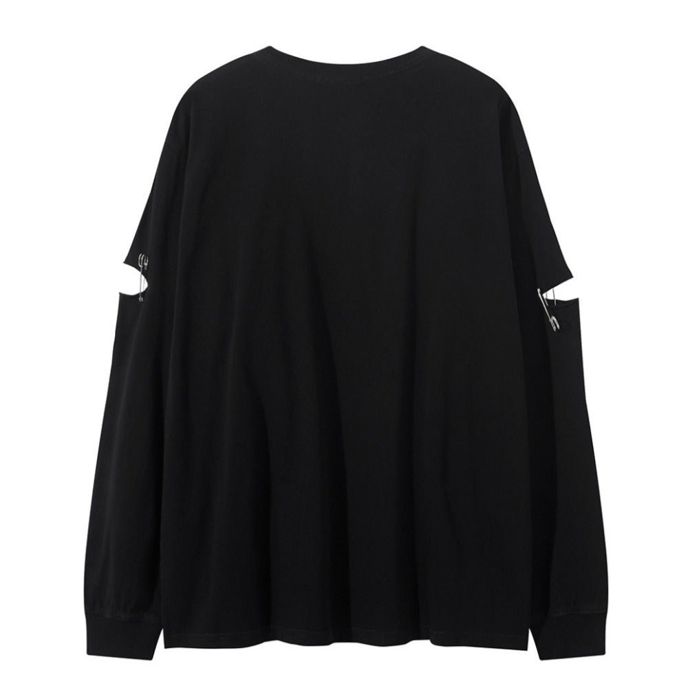 Ripped Safety Pin Design Long Sleeve T-Shirt - Thrashink