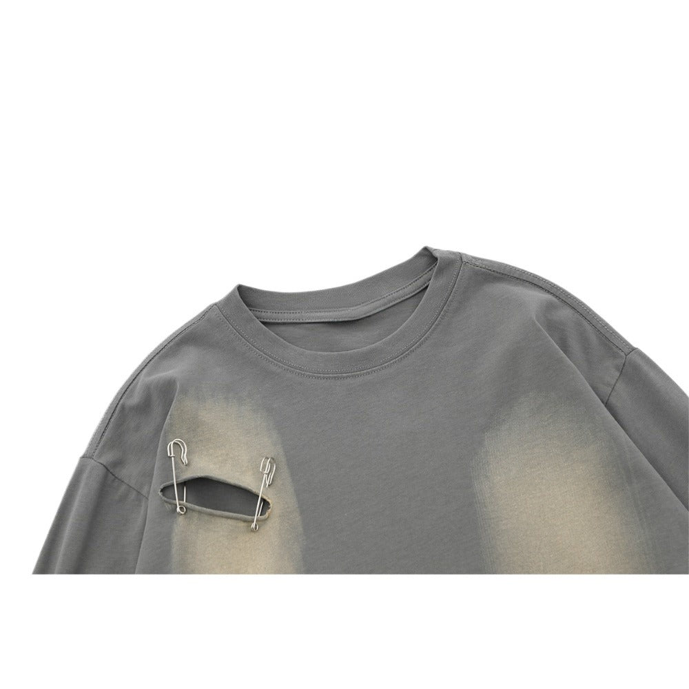 Ripped Safety Pin Design Long Sleeve T-Shirt - Thrashink