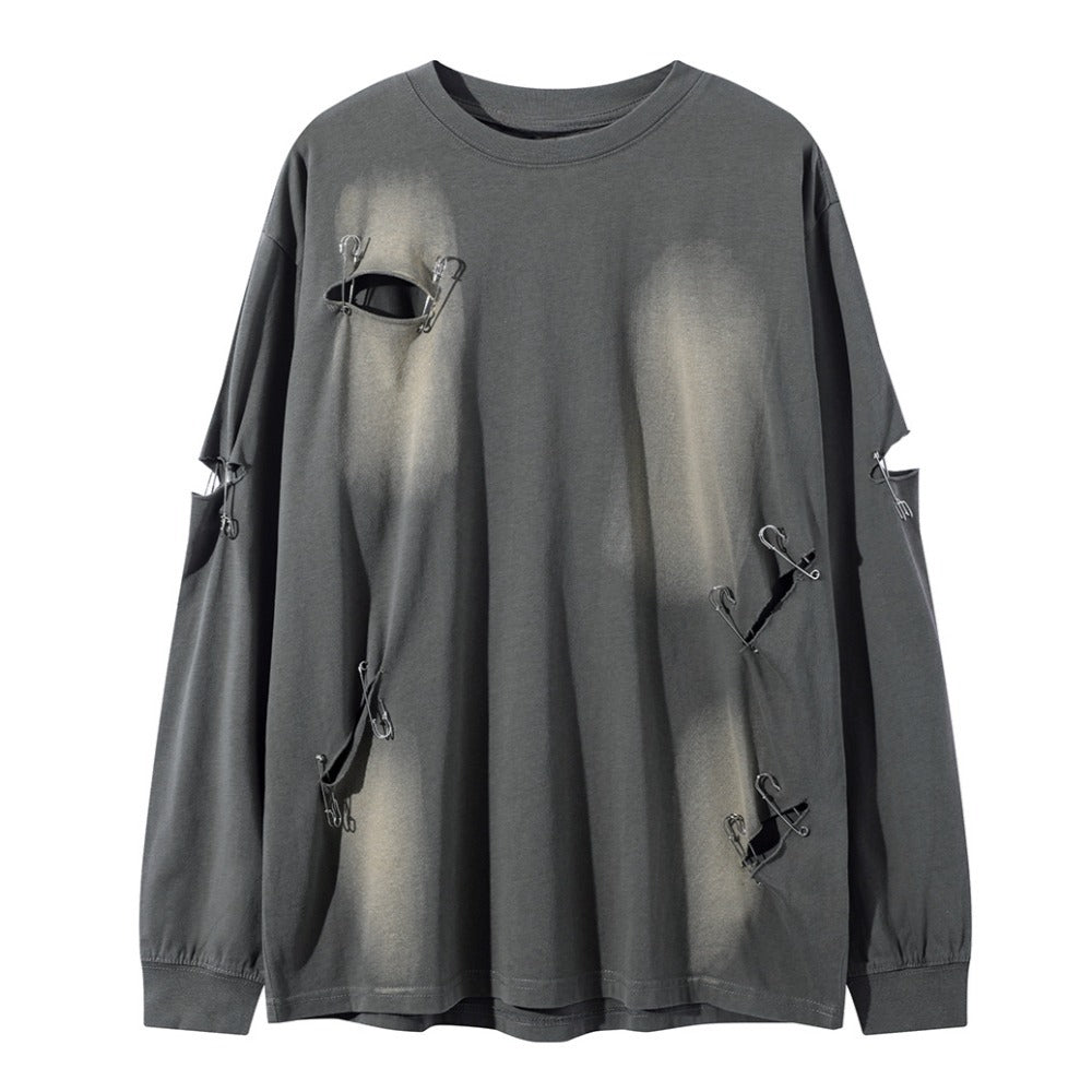 Ripped Safety Pin Design Long Sleeve T-Shirt - Thrashink