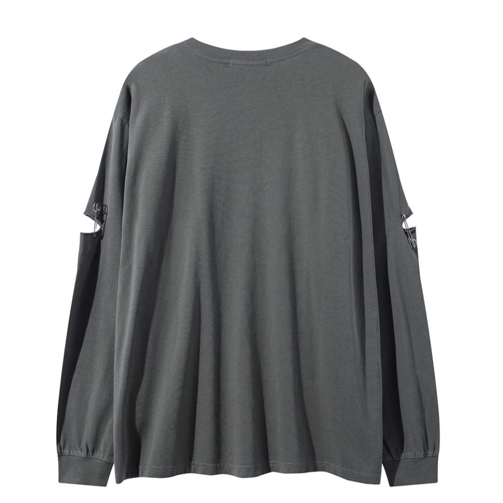Ripped Safety Pin Design Long Sleeve T-Shirt - Thrashink