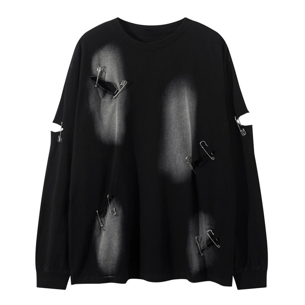 Ripped Safety Pin Design Long Sleeve T-Shirt - Thrashink