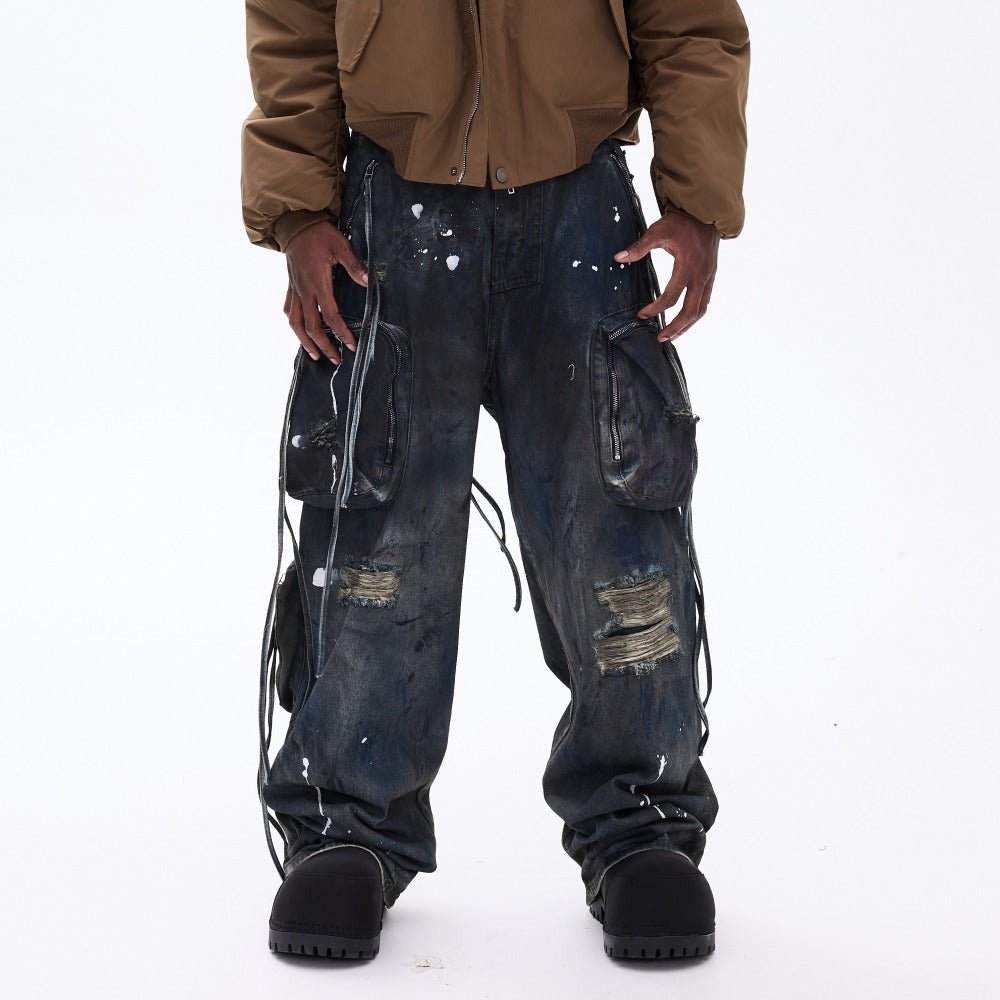 Ripped Spray - painted Multi - pocket Cargo Pants - Thrashink