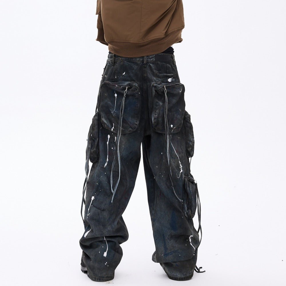 Ripped Spray - painted Multi - pocket Cargo Pants - Thrashink