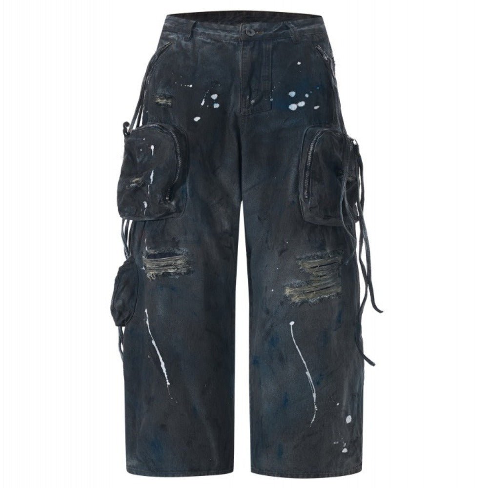 Ripped Spray - painted Multi - pocket Cargo Pants - Thrashink
