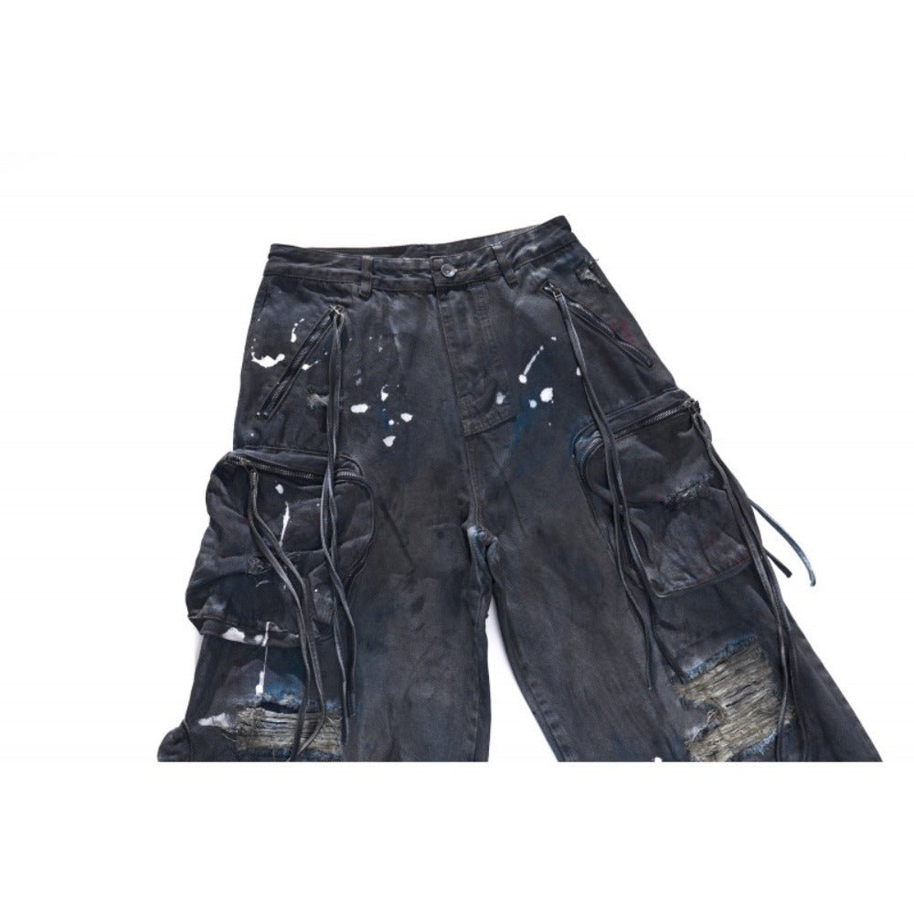 Ripped Spray - painted Multi - pocket Cargo Pants - Thrashink