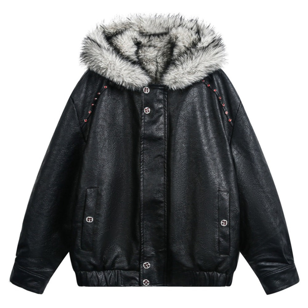 Rivet - Accent Faux Leather Bomber Jackets - Thrashink