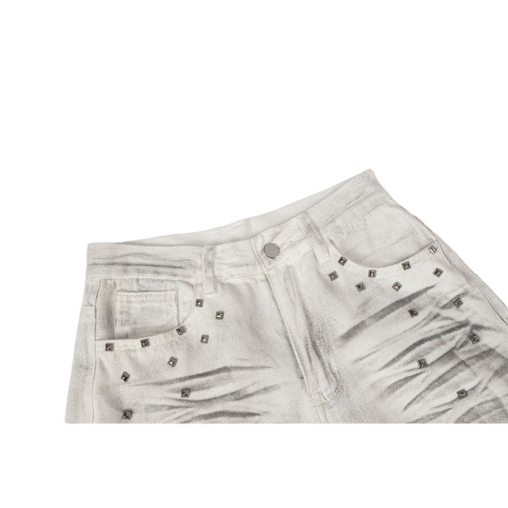 Riveted Washed White Wide - Leg Jeans - Thrashink