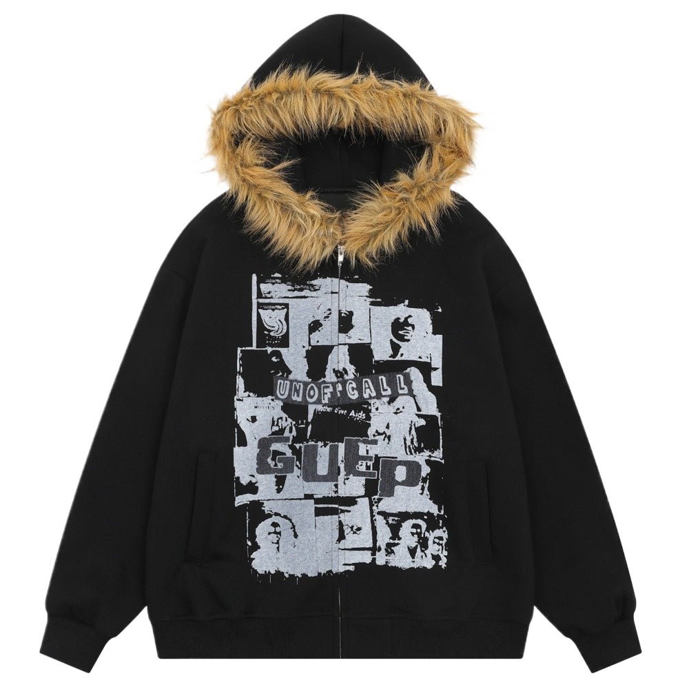 Rock Band Print Fur Collar Hoodie Jacket - Thrashink