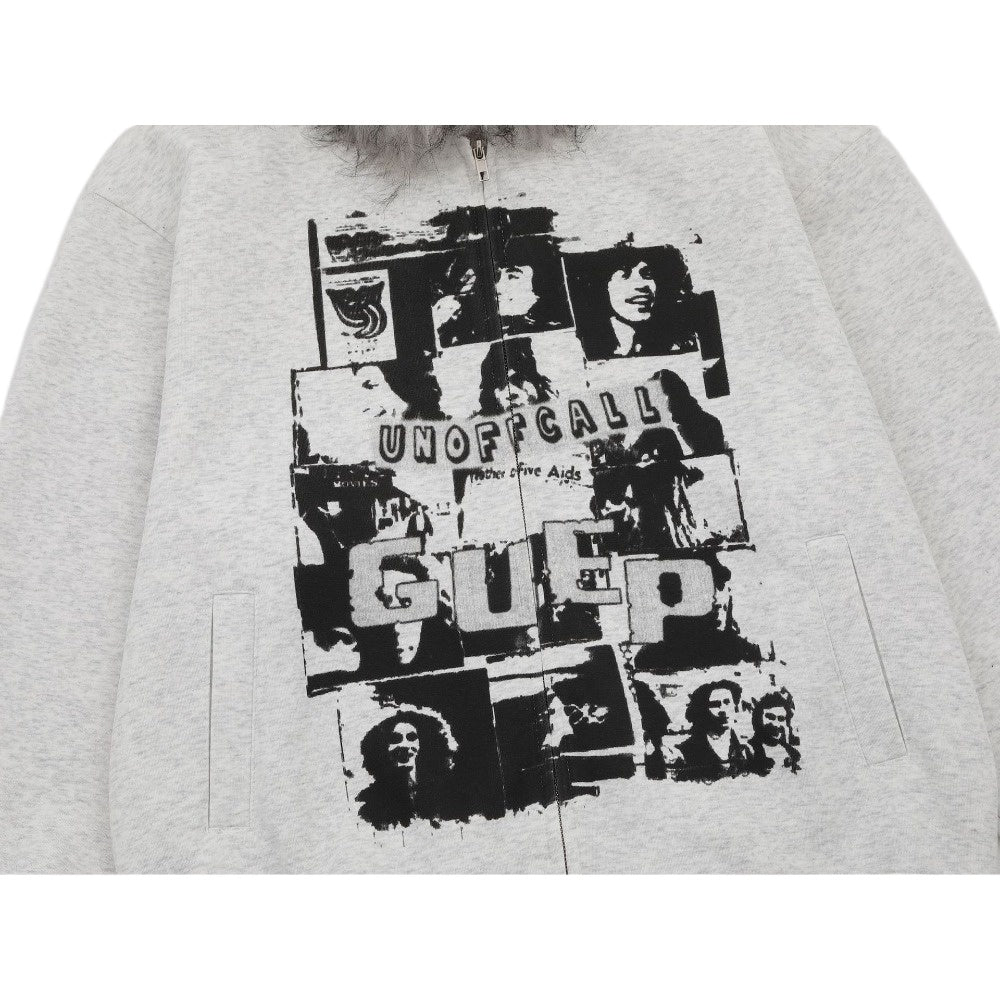 Rock Band Print Fur Collar Hoodie Jacket - Thrashink