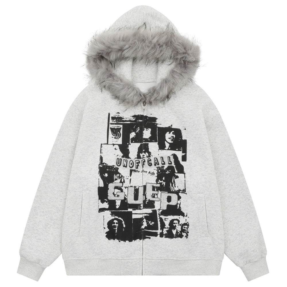 Rock Band Print Fur Collar Hoodie Jacket - Thrashink