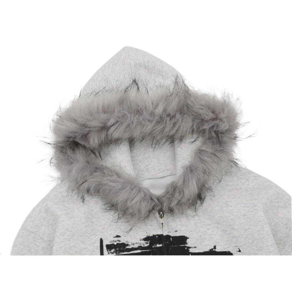 Rock Band Print Fur Collar Hoodie Jacket - Thrashink