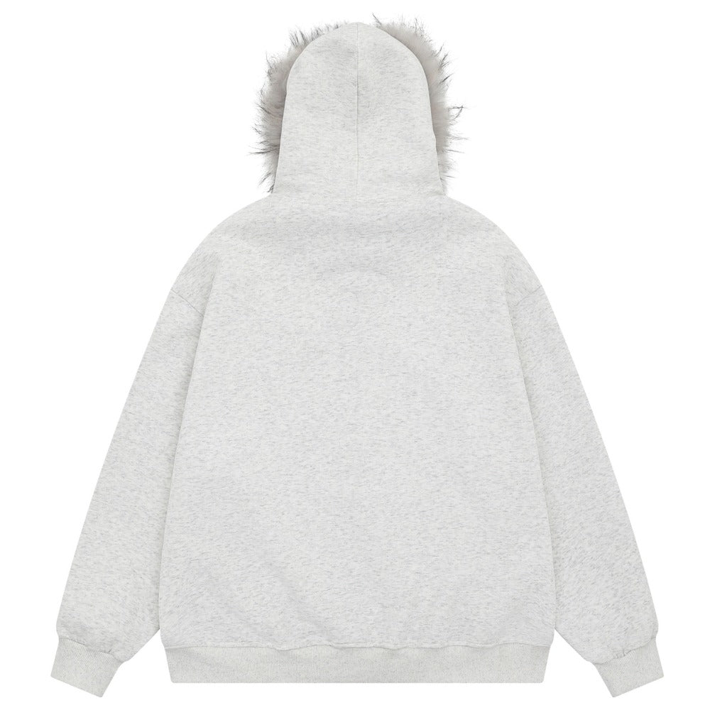 Rock Band Print Fur Collar Hoodie Jacket - Thrashink