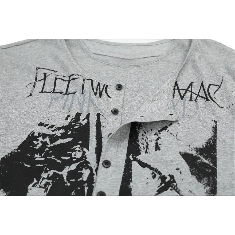 Rock Band Print Henley Collar T-Shirt - Thrashink