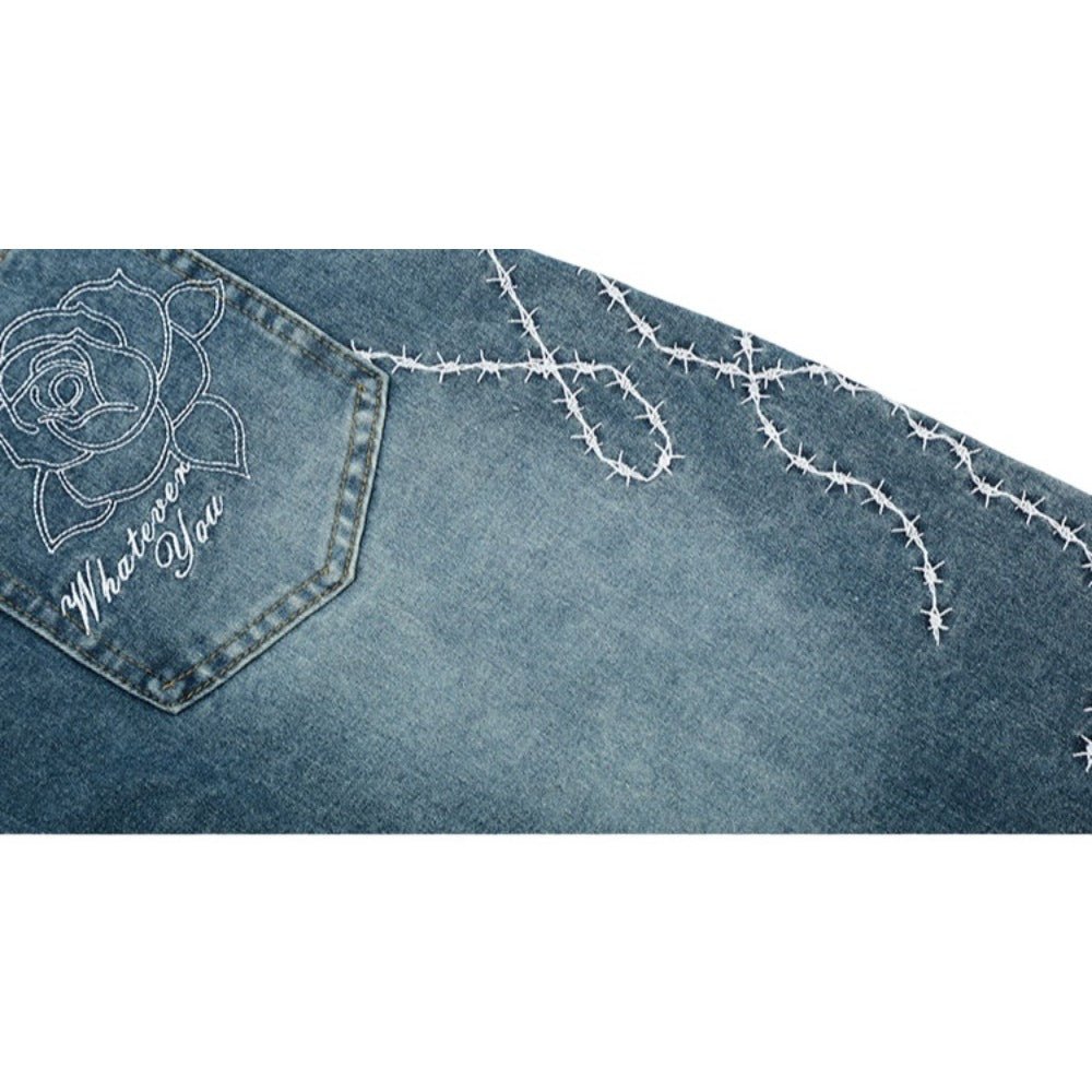 Rose Embroidered Baggy Distressed Jeans - Thrashink