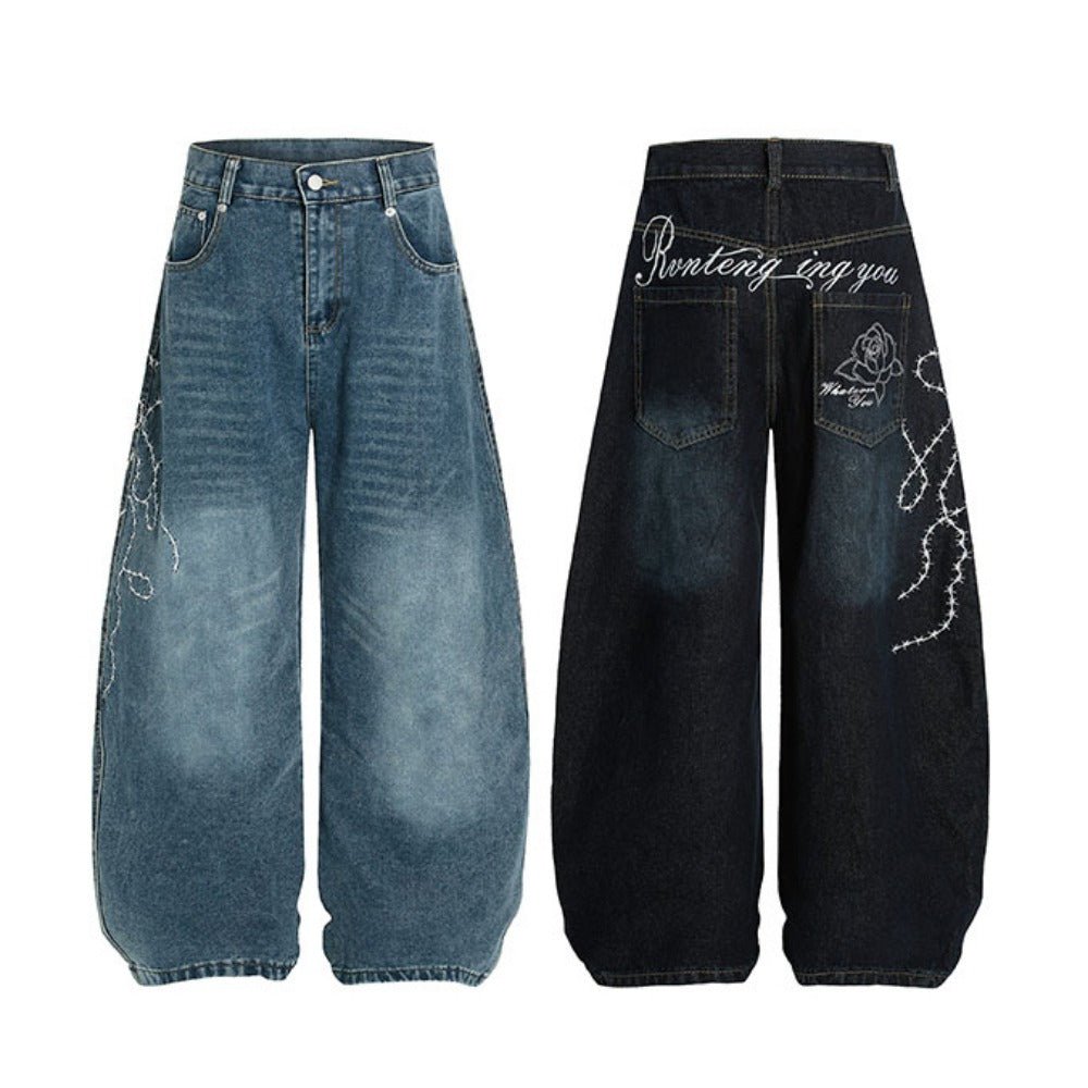 Rose Embroidered Baggy Distressed Jeans - Thrashink