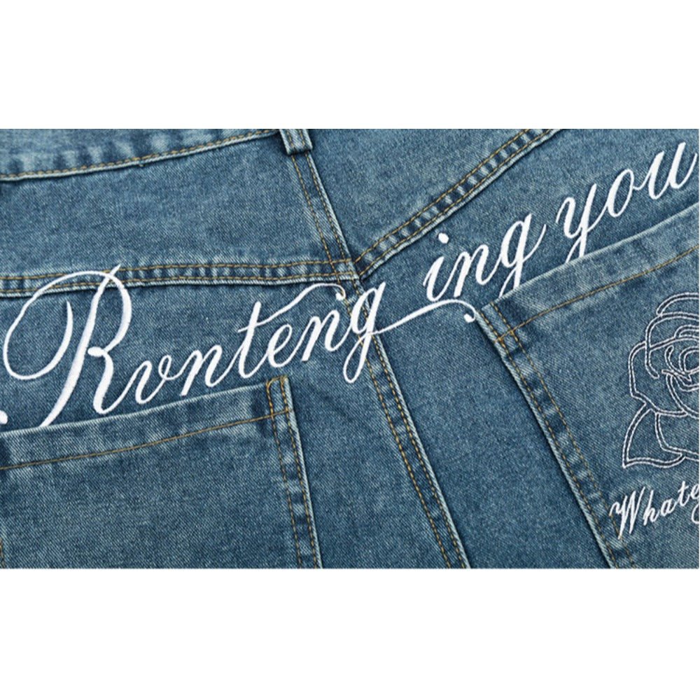 Rose Embroidered Baggy Distressed Jeans - Thrashink