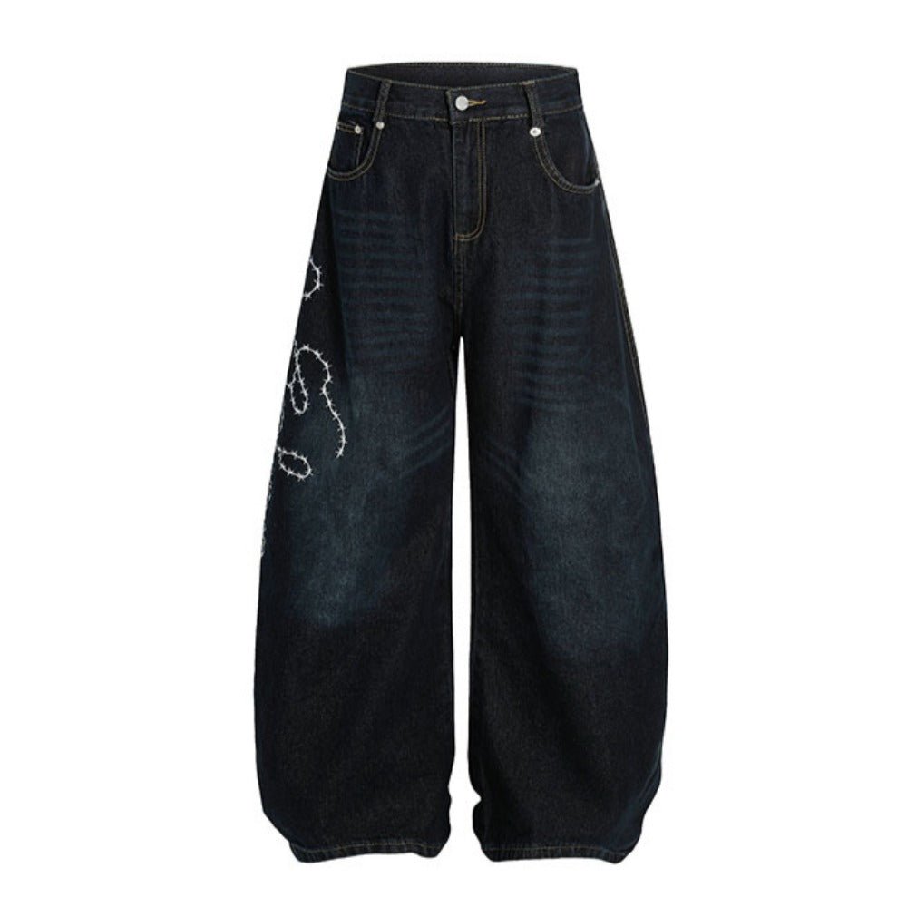 Rose Embroidered Baggy Distressed Jeans - Thrashink